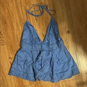 J Crew Blue Eyelet Lace Trim Halter Top